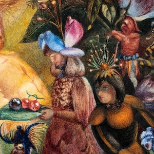 May include: A watercolor painting of a fantastical scene with fairies and insects. The fairies are wearing elaborate costumes made of flowers and leaves. One fairy is holding a plate with berries. The painting is full of vibrant colors and intricate details.