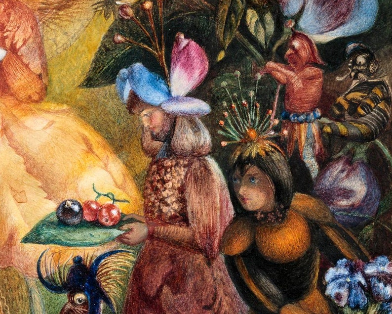 May include: A watercolor painting of a fantastical scene with fairies and insects. The fairies are wearing elaborate costumes made of flowers and leaves. One fairy is holding a plate with berries. The painting is full of vibrant colors and intricate details.