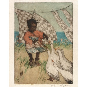 May include: A young Black girl in a red and blue patterned dress feeds a group of white geese from a blue bowl. The girl is standing in a grassy area with a checkered cloth hanging in the background.
