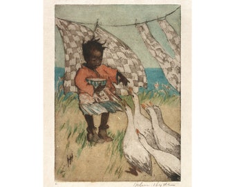 Lámina artística de niña negra, Alimentando a los gansos, grabado de Helen Hyde, pintura vintage de una niña afroamericana, arte mural de personas de color.