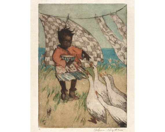 Little black girl art print, Feeding the Geese, Helen Hyde etching, Vintage African American child painting, People of color wall art