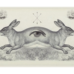 This Way to Dreamland, Collage art print, Vintage eye, Antique rabbit illustration, Strange animal wall art, Crescent moon, Stars, Magical