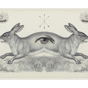 This Way to Dreamland, Collage art print, Vintage eye, Antique rabbit illustration, Strange animal wall art, Crescent moon, Stars, Magical