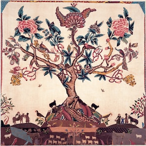 Impresión artística del árbol de la vida popular, arte mural americano primitivo, decoración de granja antigua, vida rural, arte de colcha americano temprano, cabras, ovejas