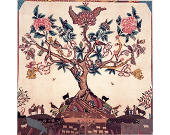 Impresión artística del árbol de la vida popular, arte mural americano primitivo, decoración de granja antigua, vida rural, arte de colcha americano temprano, cabras, ovejas