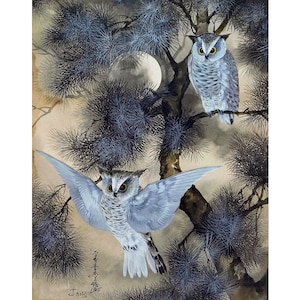 Vintage owl painting, Japanese owls and full moon art print, Retro wildlife wall art, Forest animals, Woodland decor, Night, Nature, Blue