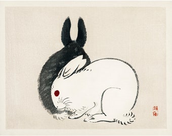 Vintage Japanese rabbits art print, Antique rabbit painting, Bunnies wall art, Bunny art, Black white red, Minimal, Modern, Asian animal art