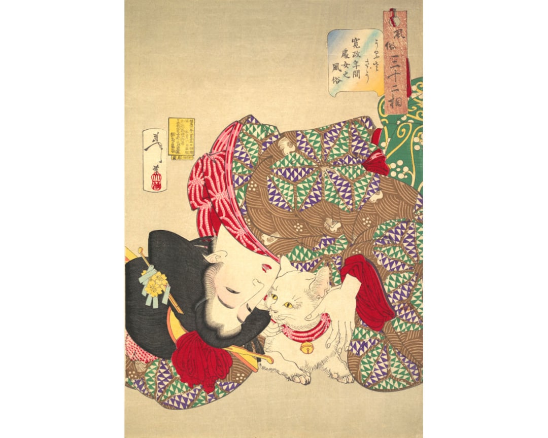 描画タテ54cmヨコ53cm 6月で削除致します。 Japanese Woman and Cat Painting, Tsukioka Yoshitoshi, Ukiyo E