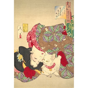 Japanese woman and cat painting, Tsukioka Yoshitoshi, ukiyo e, Antique Japanese art, Asian wall art, Japanese woodblock art print, Cat lady
