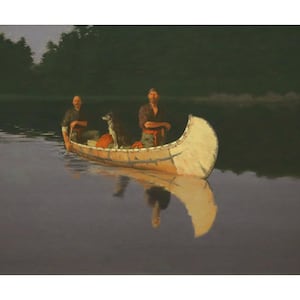 Evening on a Canadian Lake, Frederic Remington, Fine art print, Birch bark canoe painting, Wolf dog, Husky, Canoeing, Wilderness wall art