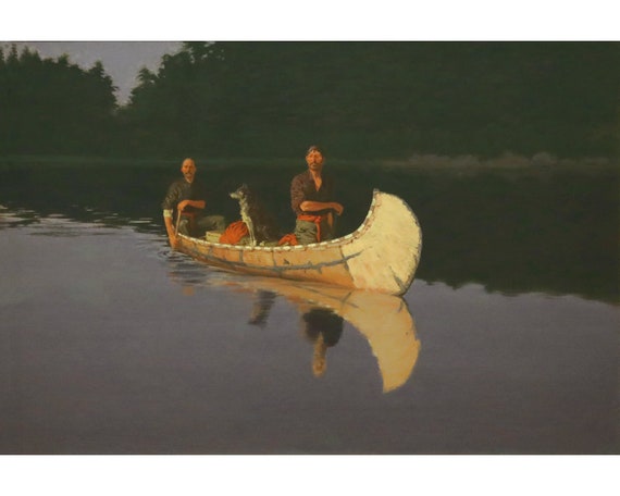 Evening on a Canadian Lake, Frederic Remington, Fine art print, Birch bark canoe painting, Wolf dog, Husky, Canoeing, Wilderness wall art