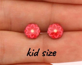 Kids Titanium Extra Small Flower Earrings • Tiny Red Flower Studs • Hypoallergenic Stud Earrings • Little Ears Collection