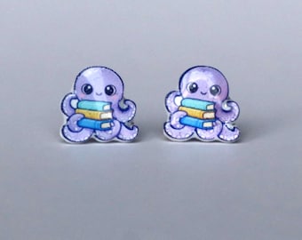 Octopus Reading Book Stud Earrings | Cute Book Lover Earrings | Kawaii Reader Jewelry | Stainless Steel