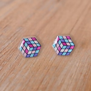 Girlie Rubik’s Cube Stud Earrings | Retro Puzzle Earrings | 90s Geek Chic | Colorful Mini Cube Earrings