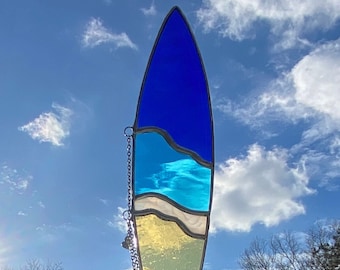 NEW ITEM Surfboard  #1Stained glass suncatcher hanging from silver chain