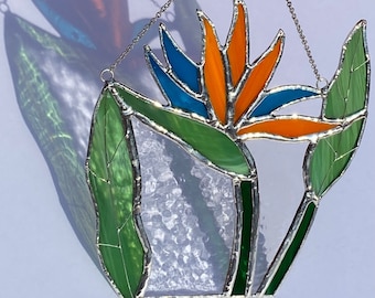 Stained Glass Bird of Paradise Flower Suncatcher on Silver Chain