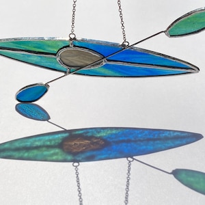 Kayak #26 Stained glass suncatcher hanging from silver steel chain