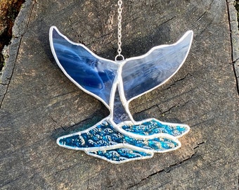Whale Tail With Wave  Stained Glass Suncatcher