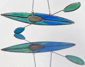 Kayak #26 Stained glass suncatcher hanging from silver steel chain
