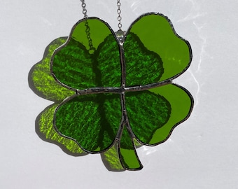Stained Glass Four Leaf Clover Shamrock Using Green rough-rolled glass