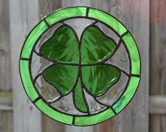 Stained Glass Four Leaf Clover Shamrock With Green and Clear Waterglass With Opaque Glass Frame