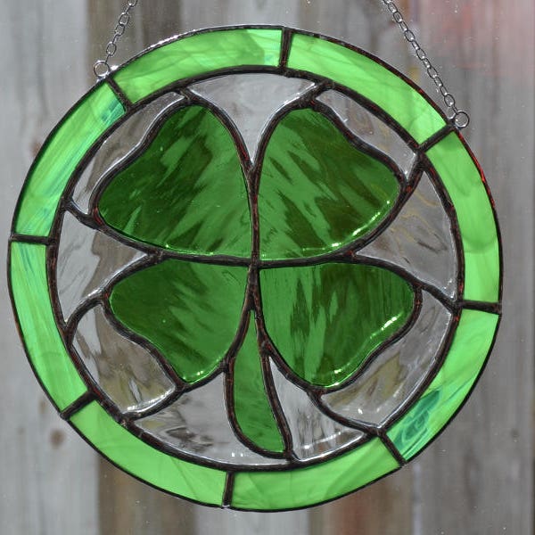 Stained Glass Four Leaf Clover Shamrock With Green and Clear Waterglass With Opaque Glass Frame