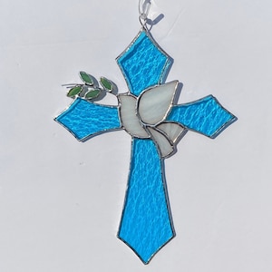 Stained Glass Cross with Peace Dove and Olive Branch suncatcher