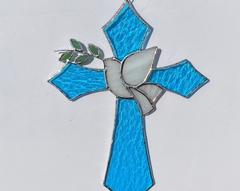 Stained Glass Cross with Peace Dove and Olive Branch suncatcher