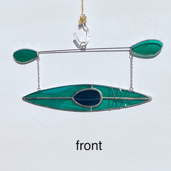 kayak #8 Stained glass suncatcher hanging from silver steel chain