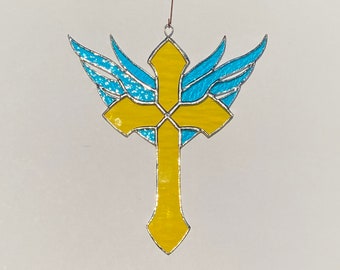 Stained Glass Yellow Waterglass Cross with Blue Flame suncatcher