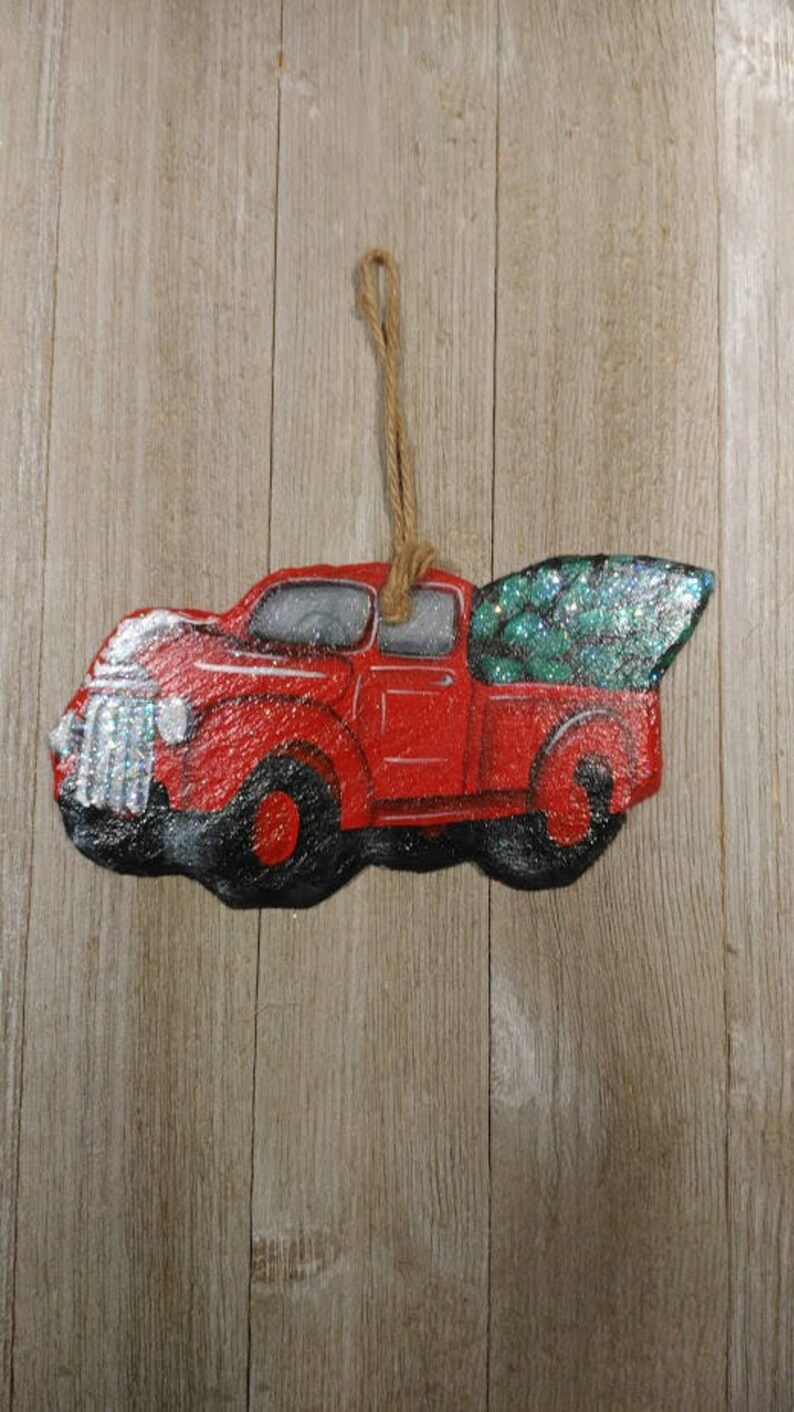 Old Red Ford Chevy Truck Slate Christmas Ornament Art Hand Painted In Wv Appalachian Mountains 100 Year Old Antique Recycled Roof Slate