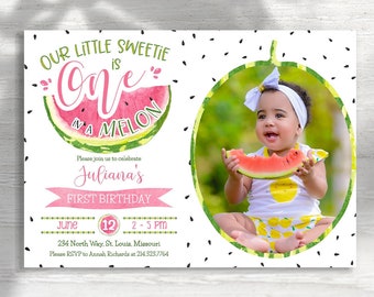 One in a Melon Birthday Invitation with Photo, Watermelon First Birthday Invitation Girl, Editable 1st Birthday Invitation Picture CEP137