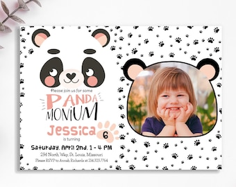 Cute Panda Birthday Invitation with Photo, Black White Panda Party, Any Age Birthday Invite, Pandamonium Birthday Invitation Girl CEP130