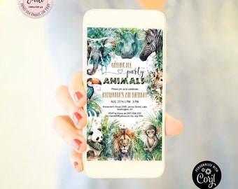 Editable Calling All Party Animals Evite, Jungle Electronic Digital Invite, Safari Any Age Birthday E-vite Boy, Tiger Zebra Party CEP083