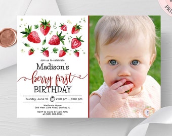 Strawberry Birthday Photo Invitation, Editable Berry First Birthday Template, Girl 1st Birthday Berry Sweet Strawberry Birthday CEP075