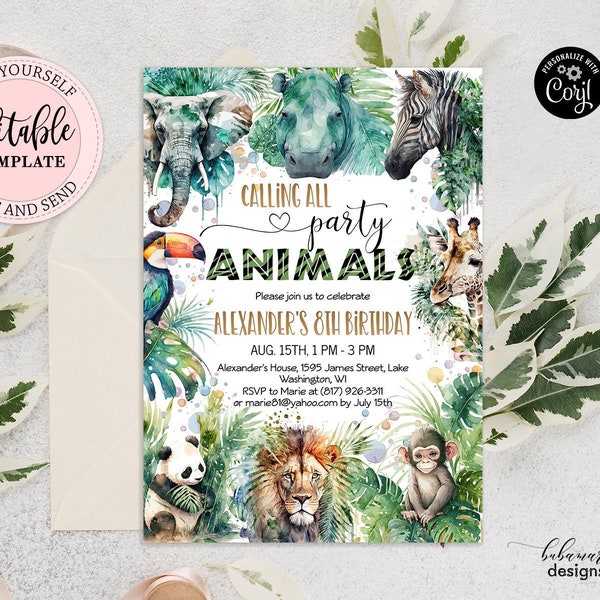 Editable Calling All Party Animals Safari Birthday Invitation Boy, Jungle Animals Birthday Zoo Party Any Age Tiger Zebra Print Invite CEP083