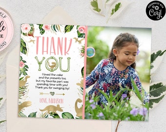 Gold Dinosaurs Girl Thank You Card with Photo, Girl Dinos Thank You Note, Dinosaur Party Thank You for Guests, Pink Floral Thank You CEP039