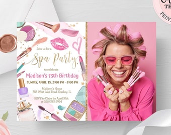 Editable Glam Birthday Invitation Photo, Pink Gold Spa Party Birthday Invitation Girl, Makeup Party Birthday Invite CEP079