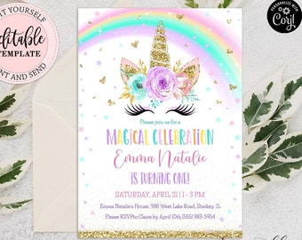 Editable Unicorn Invitation Girl, Rainbow Unicorn Birthday Invite, Magical Unicorn Party Invitation Template, Gold Unicorn Invite CEP066