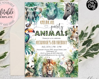 Editable Calling All Party Animals Safari Birthday Invitation Boy, Jungle Animals Birthday Zoo Party Any Age Tiger Zebra Print Invite CEP083