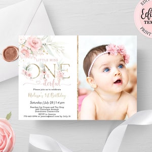 Girl 1st Birthday Invitation Photo, Editable Blush Pink Floral First Birthday Invitation, Little Miss Onederful First Birthday Invite CEP073