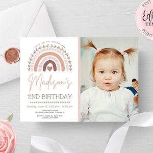 Editable Boho Rainbow Birthday Invitation with Photo, Girl Pastel Bohemian Rainbow Invite, Muted Rainbow Invite, Earthy Rainbow CEP072