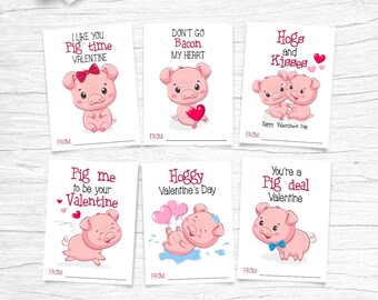 Printable Pig Valentine Cards, Hogs And Kisses Valentine Tags for Kids, Classroom Gift Tags, Pig Valentine Teachers Card Instant Download