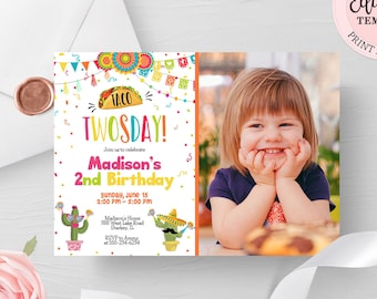 Taco Twosday Birthday Invitation Photo, Editable Mexican Fiesta Birthday Invite, Boy Girl Invite, Taco Cactus Birthday Party Invite CEP055