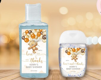Editable Teddy Bear Balloons Hand Sanitizer Label Template, Baby Shower Sanitizer Label, Orange Brown Gold We Can Bearly Wait Labels CEP078