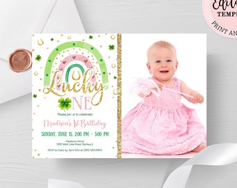 St. Patrick's Day Birthday Photo Invitation, Editable Shamrock Invite, Green Gold Pink Rainbow Girl Lucky One 1st Birthday Invite CEP076