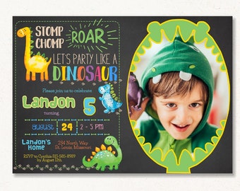 Dinosaur Birthday Invitation with Photo, Boy Dinosaur Party Birthday Invitation, Green Blue Dino Roar Invitation, Any Age Kids Invite CEP157