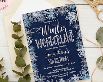 Winter Wonderland Invitation, Navy Blue and Silver Snowflakes Birthday Invitation Boy, Editable Winter Wonderland Birthday Invite CEP027