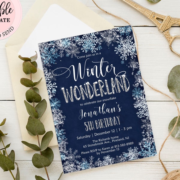 Winter Wonderland Invitation, Navy Blue and Silver Snowflakes Birthday Invitation Boy, Editable Winter Wonderland Birthday Invite CEP027