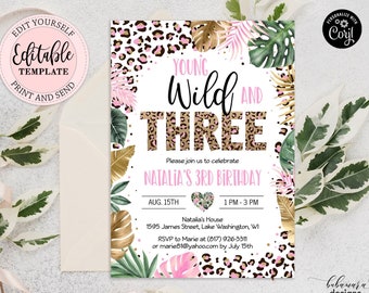 Editable Young Wild & Three Leopard Print Birthday Invitation Girl, Jungle 3rd Birthday Party, Safari Leopard Print Digital Invite CEP086
